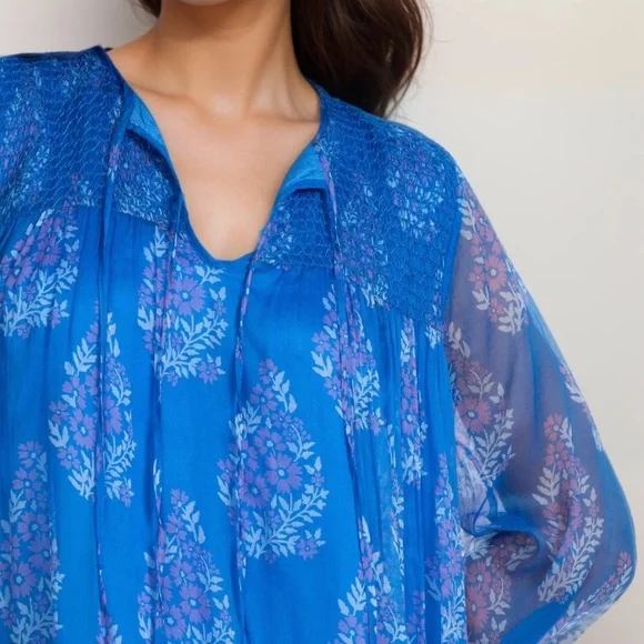 New Johnny Was Jade Blue Blaire Floral 100% Silk Midi Dress - Picture 7 of 16